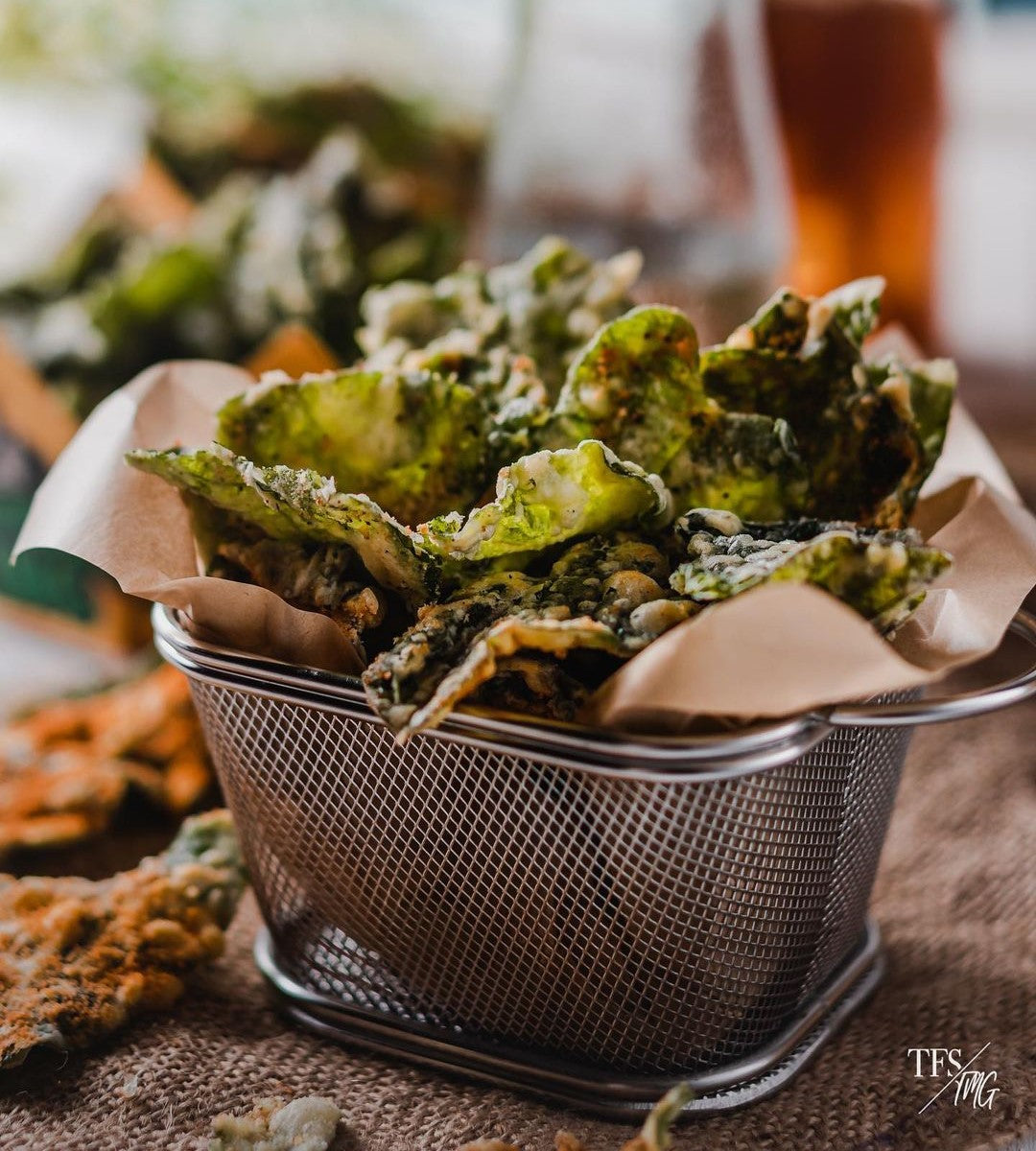 Fried Spinach chips on basket